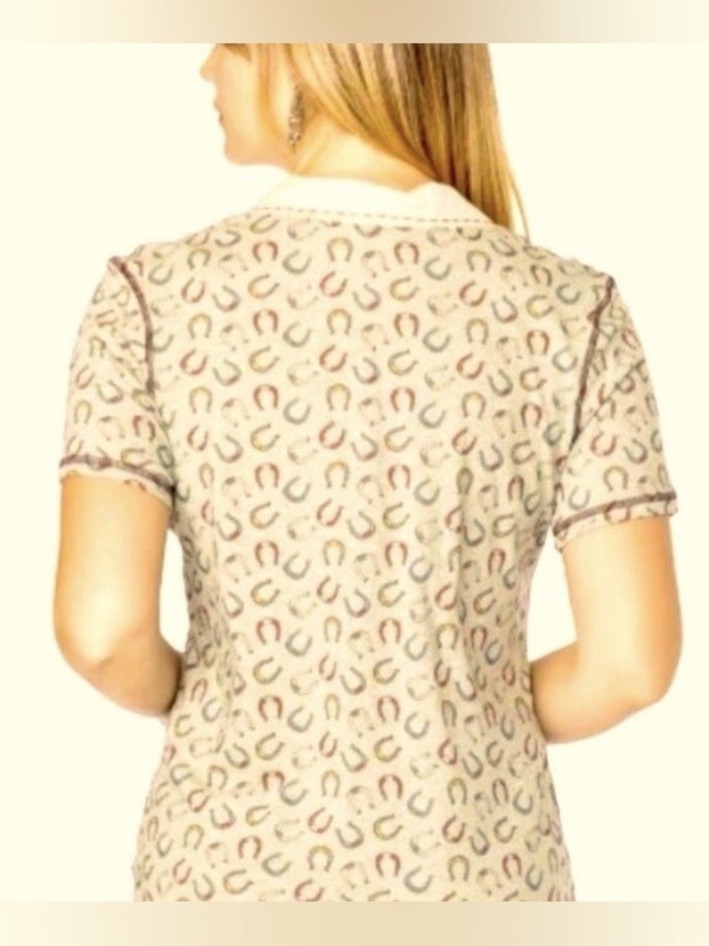 Double D Ranch XL Horseshoe Print Beaded Horse Western Polo Shirt - Picture 4 of 8